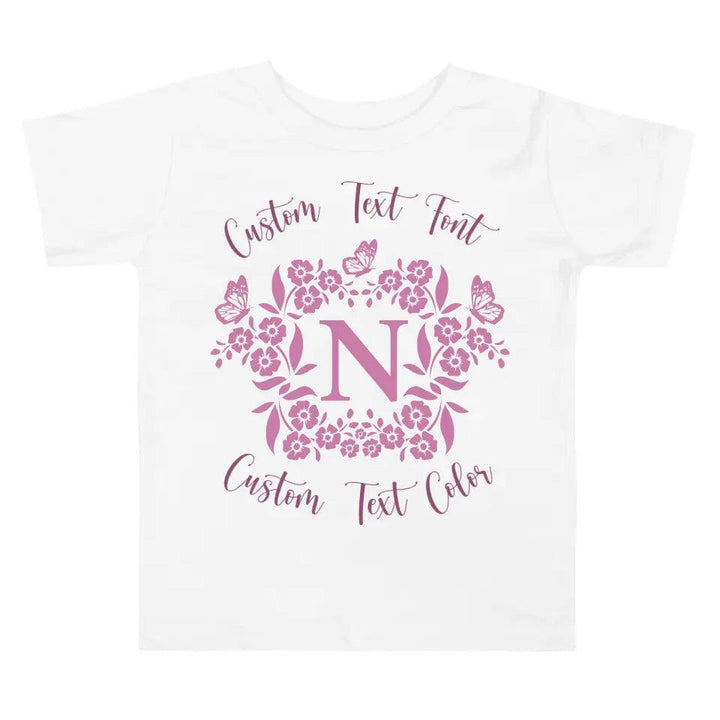 Custom Serif Initial with Flowers & Butterflies T-Shirt - ART-TSH072 - ARTFULANE