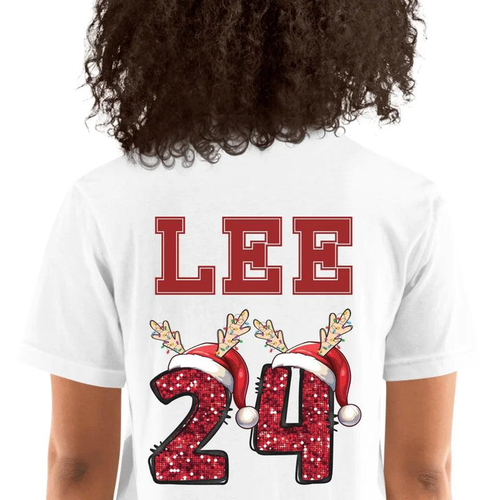 Custom Name Christmas Faux Sequin Santa Hat with Antlers T-Shirt - ART-TSH109 - ARTFULANE