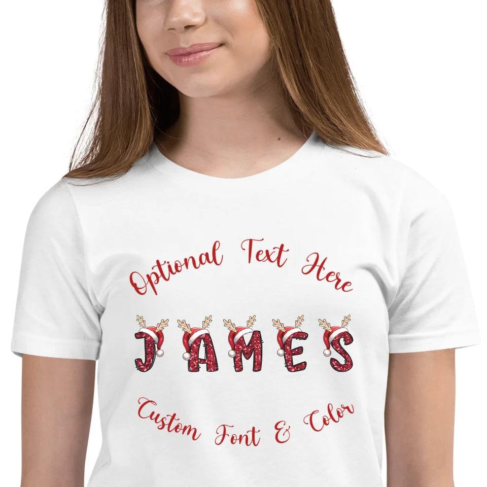 Custom Name Christmas Faux Sequin Santa Hat with Antlers T-Shirt - ART-TSH109 - ARTFULANE