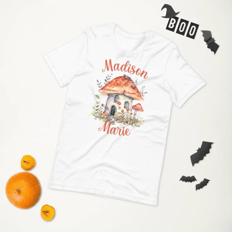 Custom Watercolor Woodland Mushroom Homes T-Shirt - ART-TSH114 - ARTFULANE