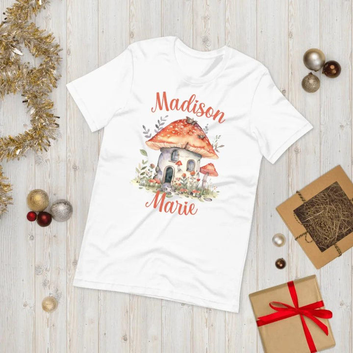 Custom Watercolor Woodland Mushroom Homes T-Shirt - ART-TSH114 - ARTFULANE