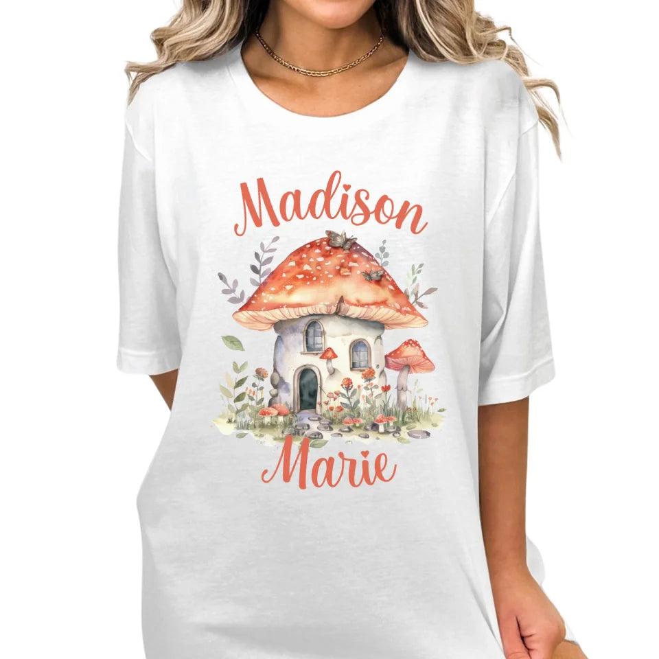 Custom Watercolor Woodland Mushroom Homes T-Shirt - ART-TSH114 - ARTFULANE