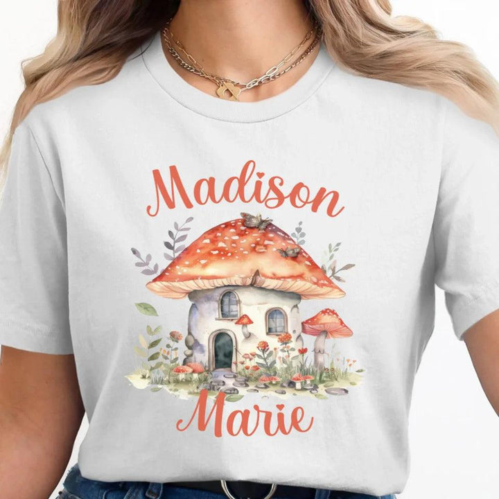 Custom Watercolor Woodland Mushroom Homes T-Shirt - ART-TSH114 - ARTFULANE