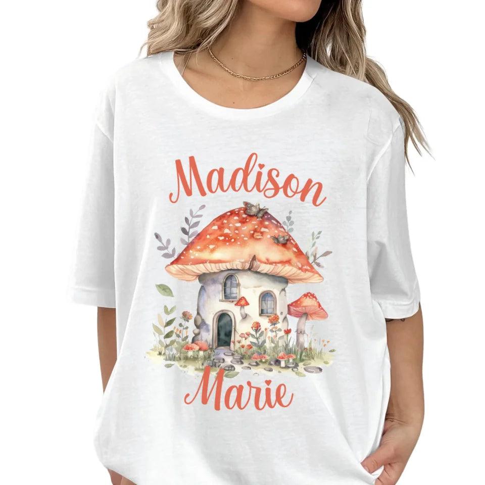 Custom Watercolor Woodland Mushroom Homes T-Shirt - ART-TSH114 - ARTFULANE