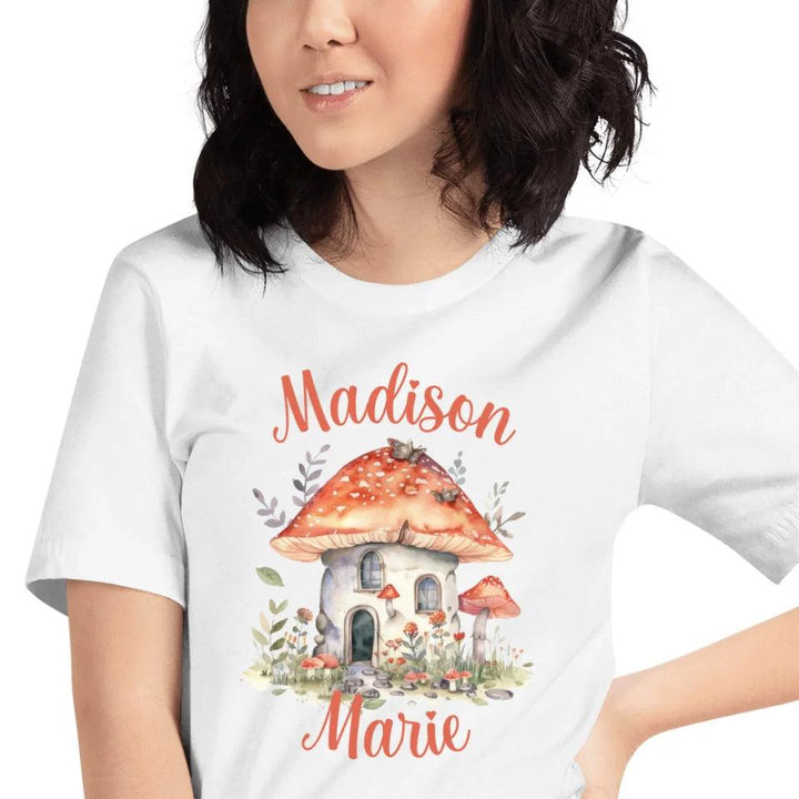 Custom Watercolor Woodland Mushroom Homes T-Shirt - ART-TSH114 - ARTFULANE