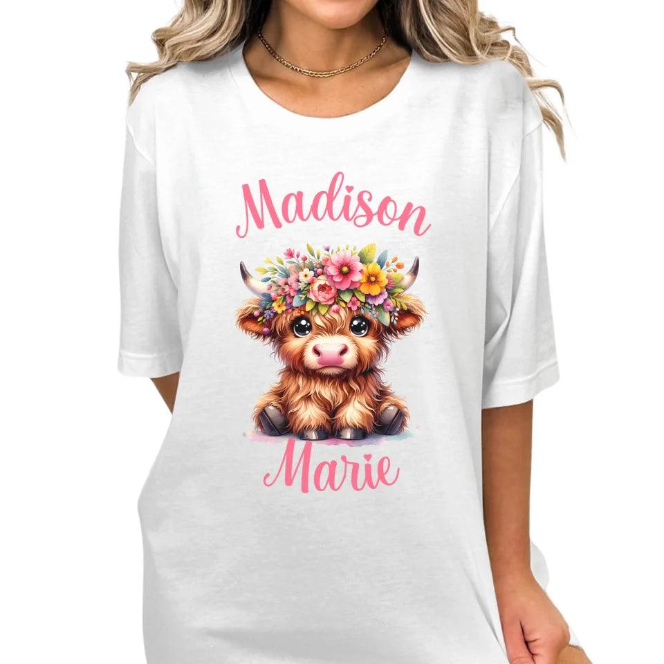 Custom Cute Floral Highland Cows T-Shirt - ART-TSH120 - ARTFULANE