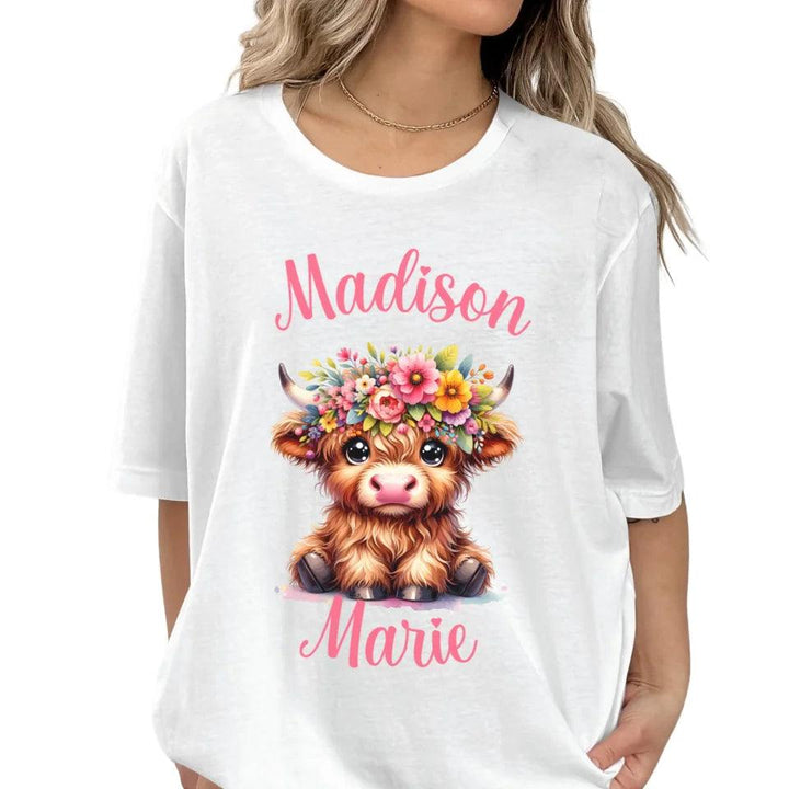 Custom Cute Floral Highland Cows T-Shirt - ART-TSH120 - ARTFULANE