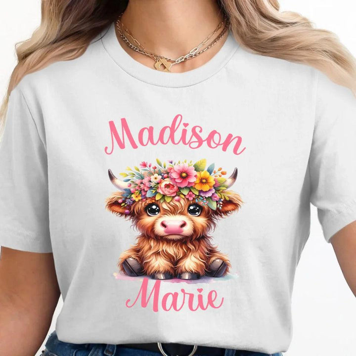 Custom Cute Floral Highland Cows T-Shirt - ART-TSH120 - ARTFULANE