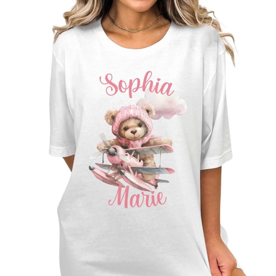 Custom Watercolor Teddy Bear Flying Airplane T-Shirt - ART-TSH142 - ARTFULANE