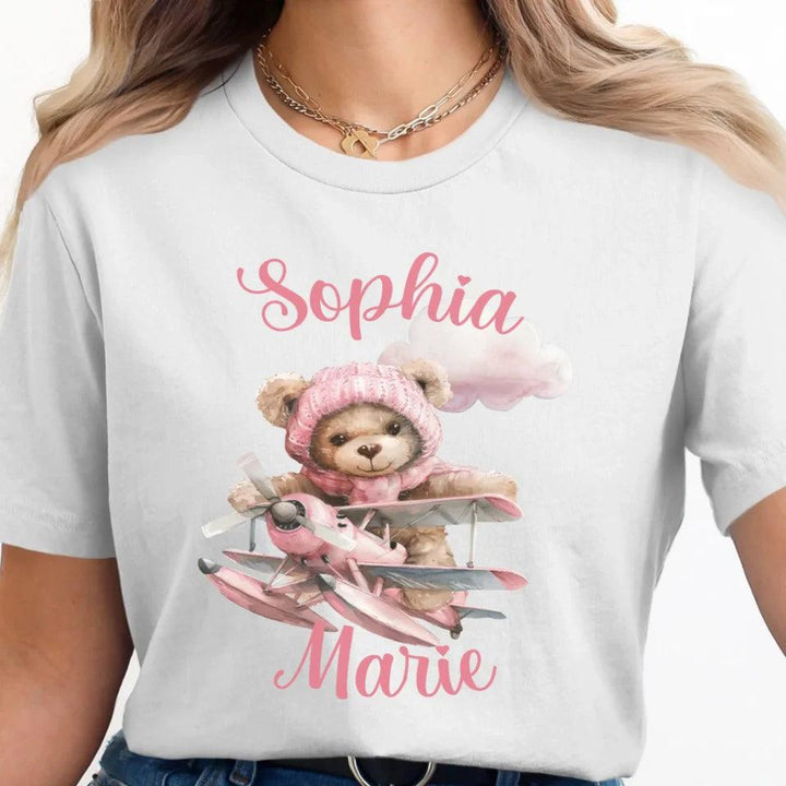 Custom Watercolor Teddy Bear Flying Airplane T-Shirt - ART-TSH142 - ARTFULANE