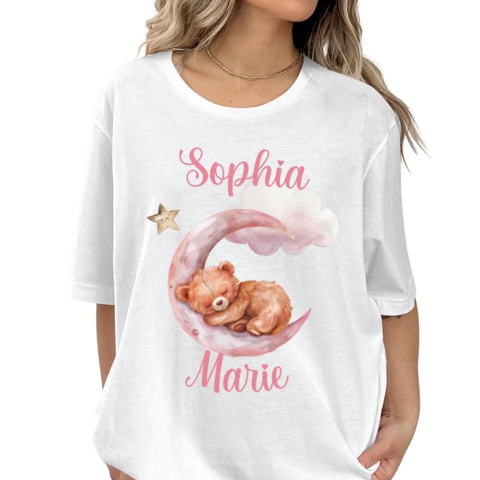 Custom Watercolor Teddy Bear Sleeping on Pink Moon T-Shirt - ART-TSH143 - ARTFULANE