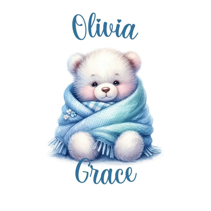 Custom Watercolor Teddy Bear Wrapped in Blue Blanket T-Shirt - ART-TSH178 - ARTFULANE