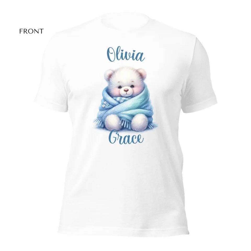 Custom Watercolor Teddy Bear Wrapped in Blue Blanket T-Shirt - ART-TSH178 - ARTFULANE