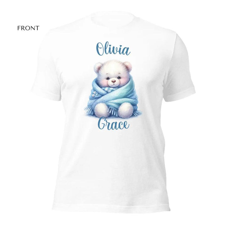 Custom Watercolor Teddy Bear Wrapped in Blue Blanket T-Shirt - ART-TSH178 - ARTFULANE