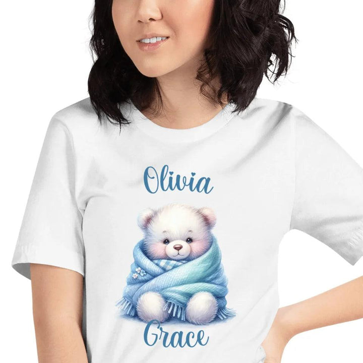 Custom Watercolor Teddy Bear Wrapped in Blue Blanket T-Shirt - ART-TSH178 - ARTFULANE