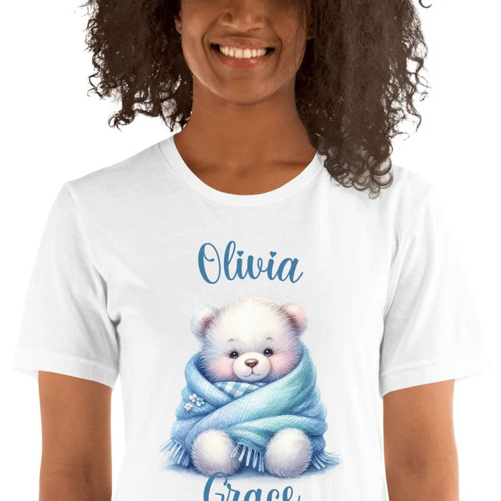 Custom Watercolor Teddy Bear Wrapped in Blue Blanket T-Shirt - ART-TSH178 - ARTFULANE