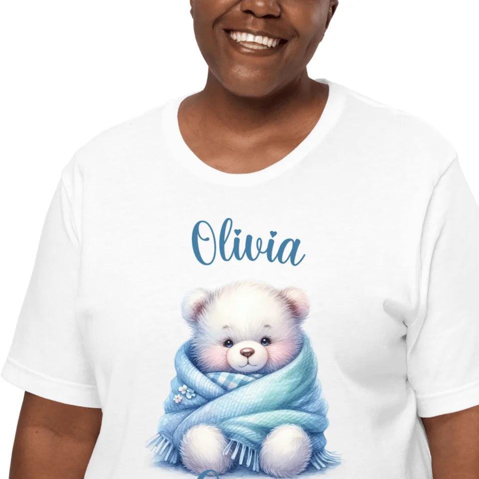 Custom Watercolor Teddy Bear Wrapped in Blue Blanket T-Shirt - ART-TSH178 - ARTFULANE