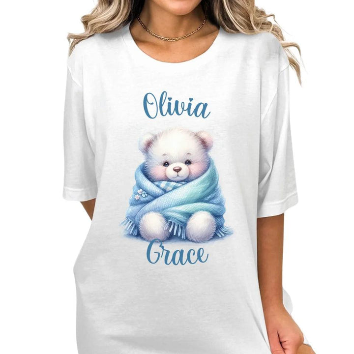 Custom Watercolor Teddy Bear Wrapped in Blue Blanket T-Shirt - ART-TSH178 - ARTFULANE