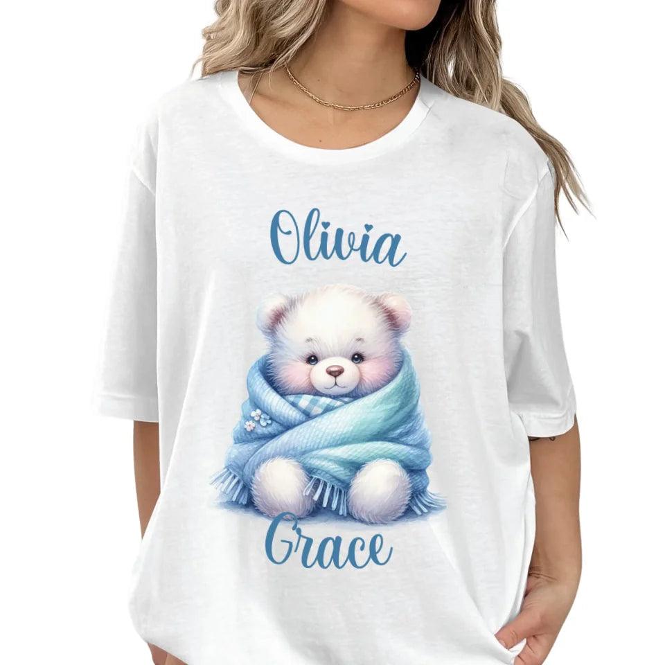 Custom Watercolor Teddy Bear Wrapped in Blue Blanket T-Shirt - ART-TSH178 - ARTFULANE