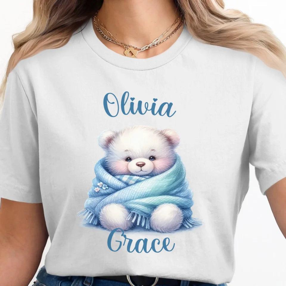 Custom Watercolor Teddy Bear Wrapped in Blue Blanket T-Shirt - ART-TSH178 - ARTFULANE