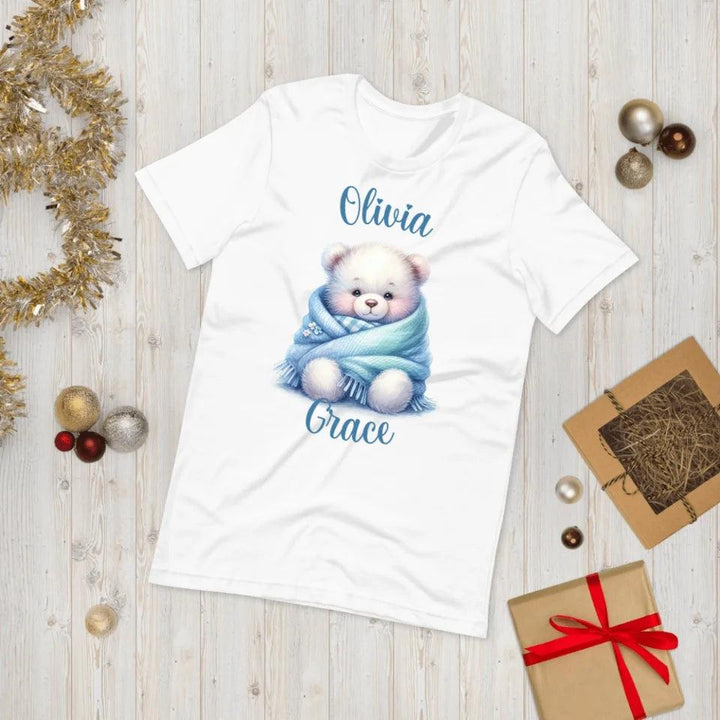 Custom Watercolor Teddy Bear Wrapped in Blue Blanket T-Shirt - ART-TSH178 - ARTFULANE