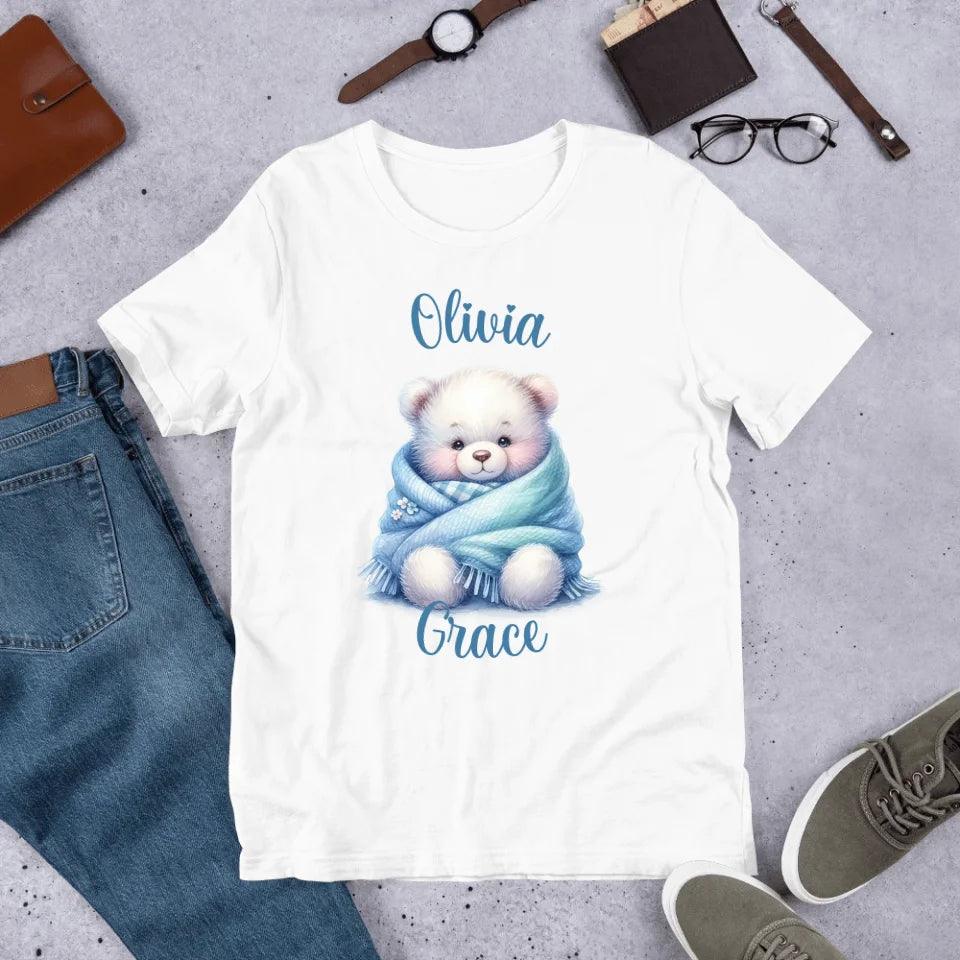 Custom Watercolor Teddy Bear Wrapped in Blue Blanket T-Shirt - ART-TSH178 - ARTFULANE