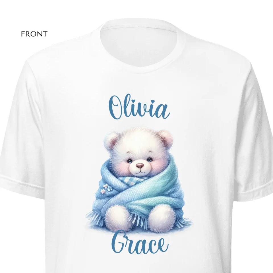 Custom Watercolor Teddy Bear Wrapped in Blue Blanket T-Shirt - ART-TSH178 - ARTFULANE