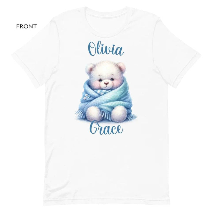 Custom Watercolor Teddy Bear Wrapped in Blue Blanket T-Shirt - ART-TSH178 - ARTFULANE