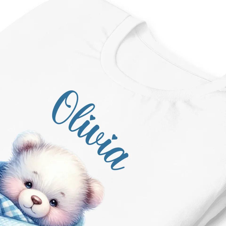 Custom Watercolor Teddy Bear Wrapped in Blue Blanket T-Shirt - ART-TSH178 - ARTFULANE