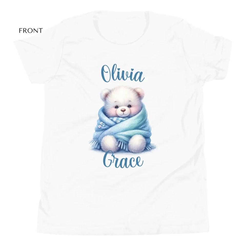 Custom Watercolor Teddy Bear Wrapped in Blue Blanket T-Shirt - ART-TSH178 - ARTFULANE