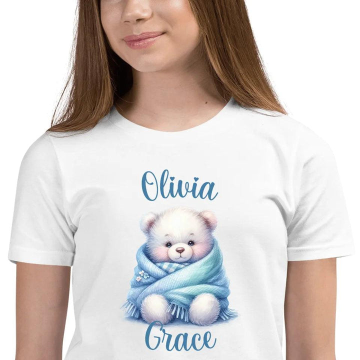 Custom Watercolor Teddy Bear Wrapped in Blue Blanket T-Shirt - ART-TSH178 - ARTFULANE