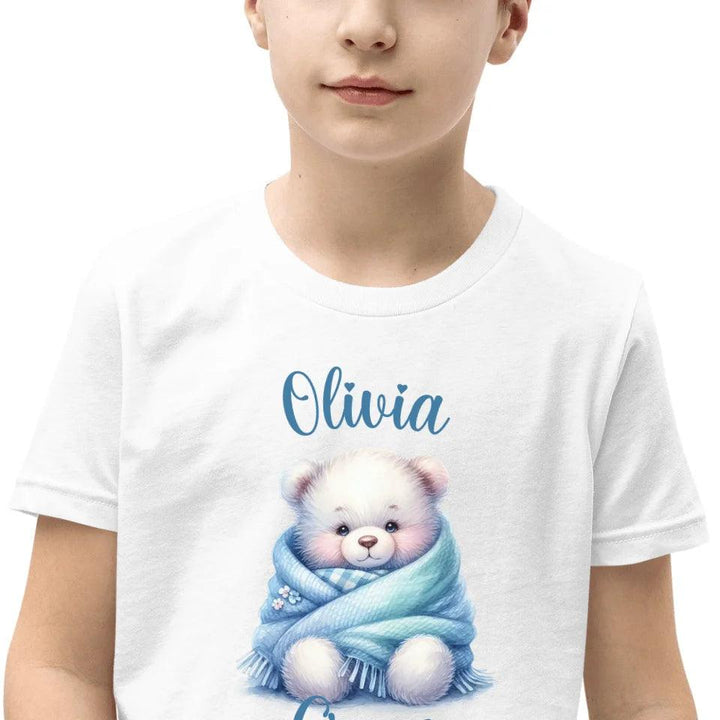 Custom Watercolor Teddy Bear Wrapped in Blue Blanket T-Shirt - ART-TSH178 - ARTFULANE