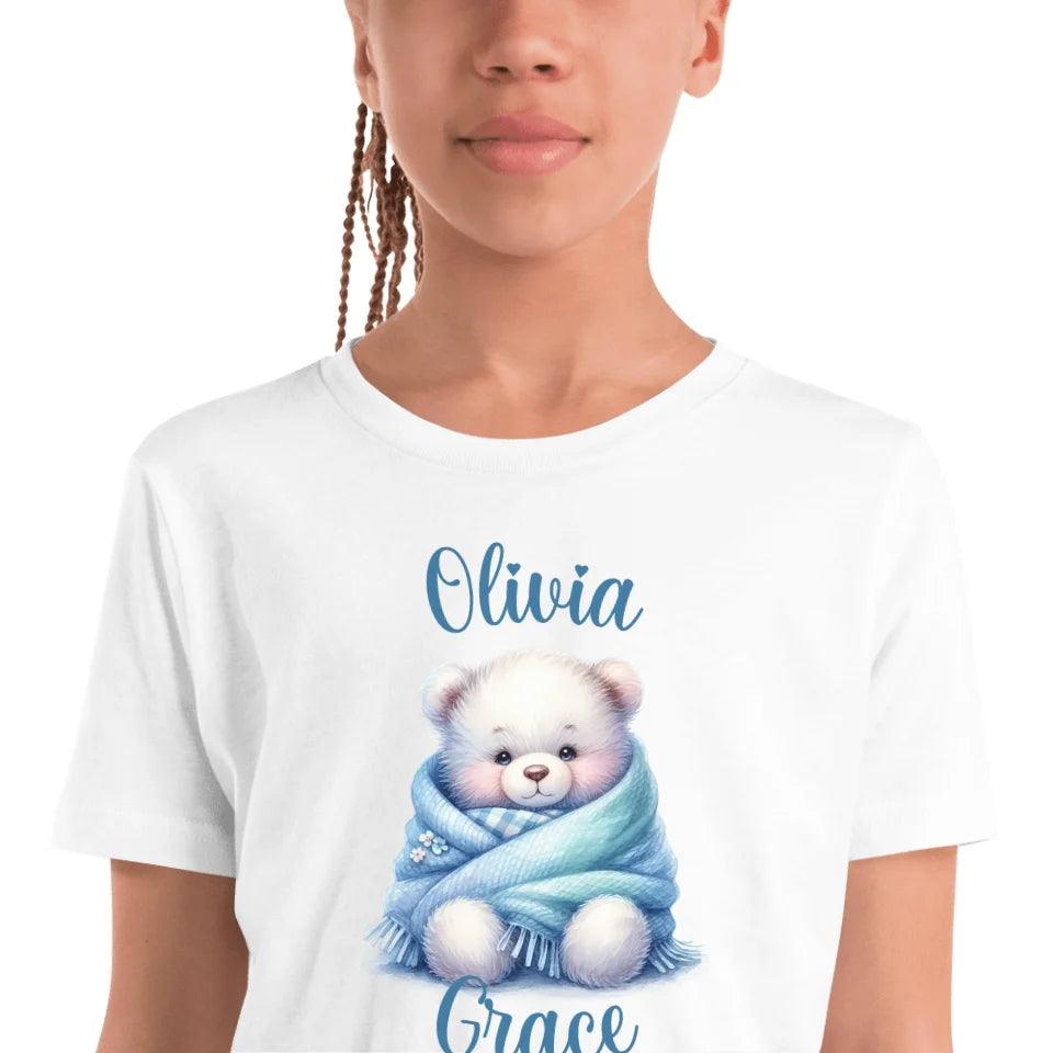 Custom Watercolor Teddy Bear Wrapped in Blue Blanket T-Shirt - ART-TSH178 - ARTFULANE