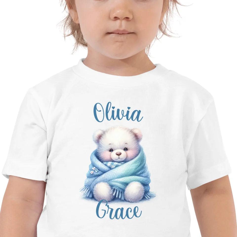 Custom Watercolor Teddy Bear Wrapped in Blue Blanket T-Shirt - ART-TSH178 - ARTFULANE