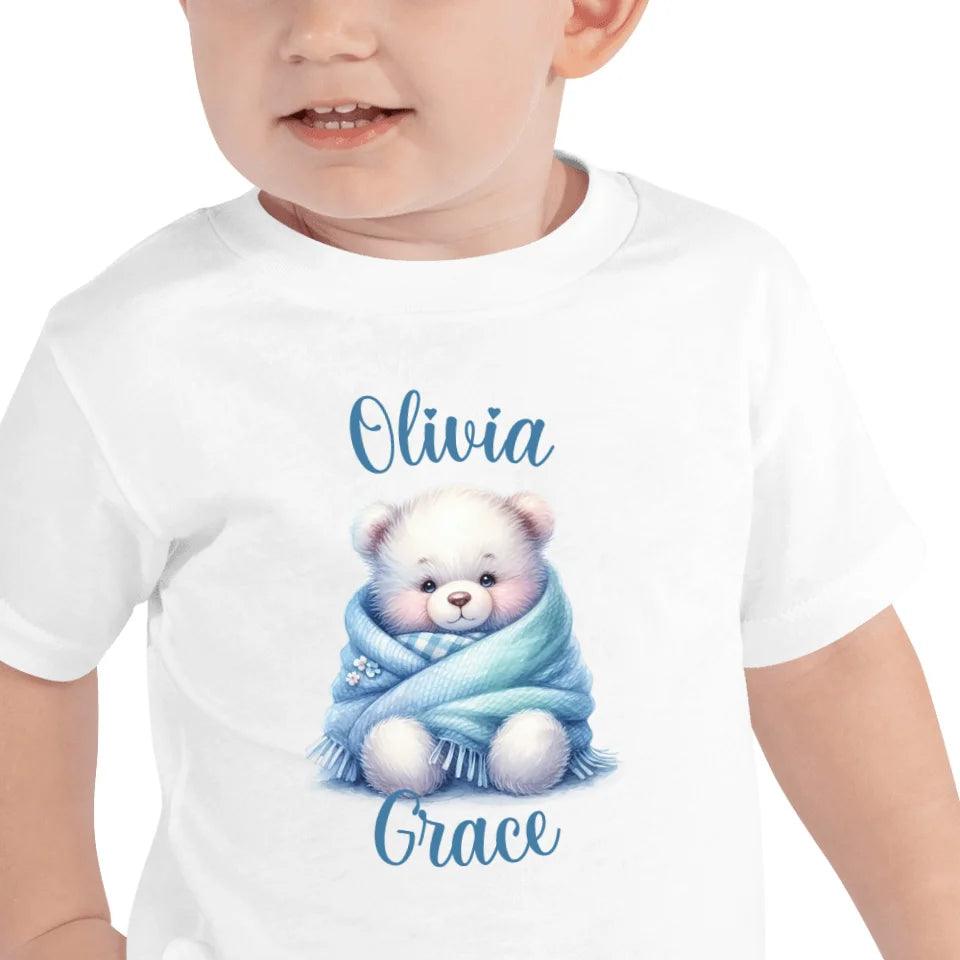 Custom Watercolor Teddy Bear Wrapped in Blue Blanket T-Shirt - ART-TSH178 - ARTFULANE