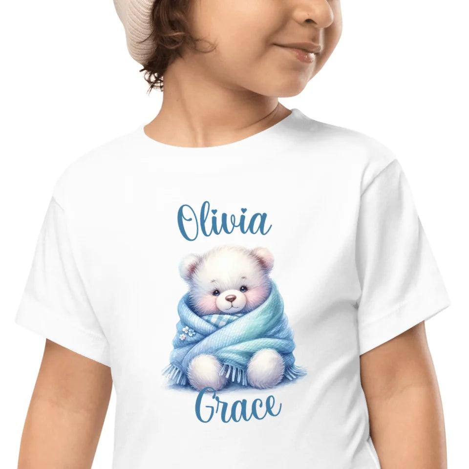 Custom Watercolor Teddy Bear Wrapped in Blue Blanket T-Shirt - ART-TSH178 - ARTFULANE