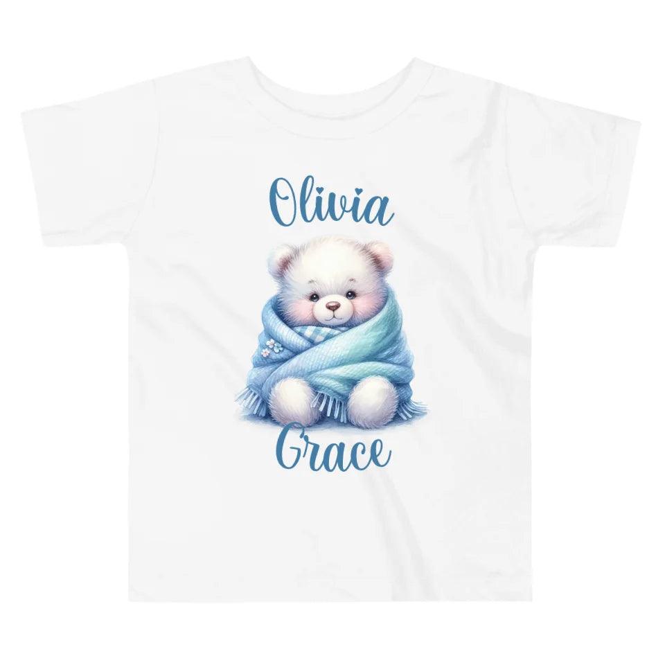 Custom Watercolor Teddy Bear Wrapped in Blue Blanket T-Shirt - ART-TSH178 - ARTFULANE