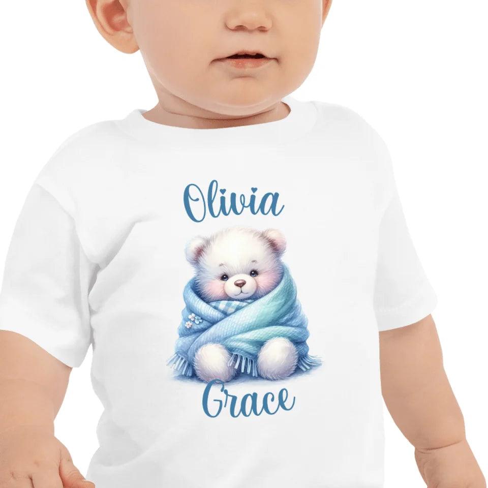 Custom Watercolor Teddy Bear Wrapped in Blue Blanket T-Shirt - ART-TSH178 - ARTFULANE