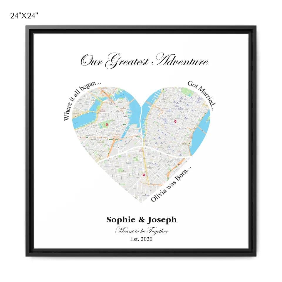 Custom Heart Shaped Triple Location Map - ARTFULANE