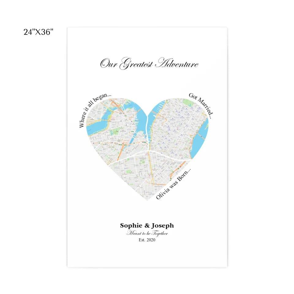 Custom Heart Shaped Triple Location Map - ARTFULANE