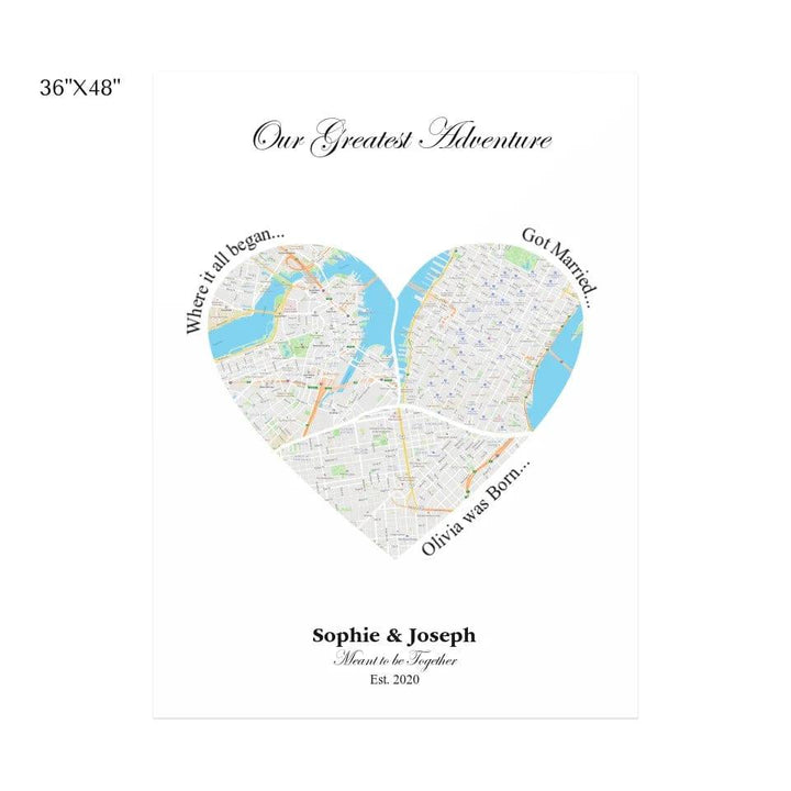 Custom Heart Shaped Triple Location Map - ARTFULANE