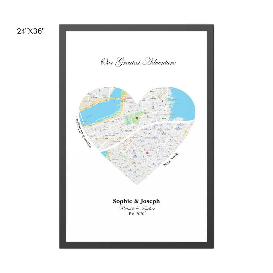 Custom Heart Shaped Dual Location Map - ARTFULANE