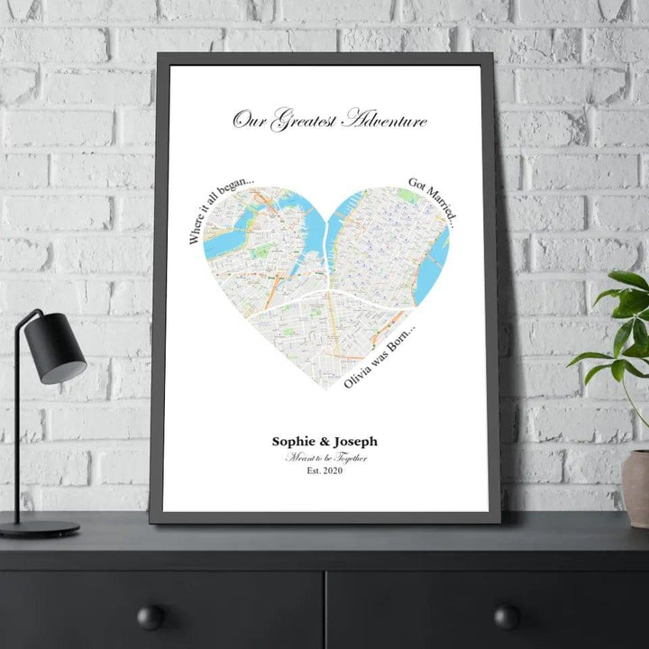 Custom Heart Shaped Triple Location Map - ARTFULANE