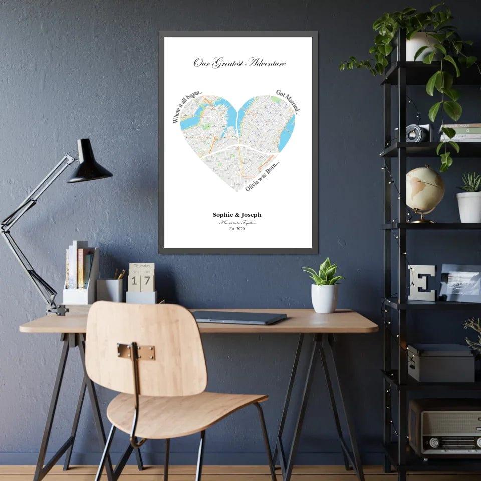 Custom Heart Shaped Triple Location Map - ARTFULANE