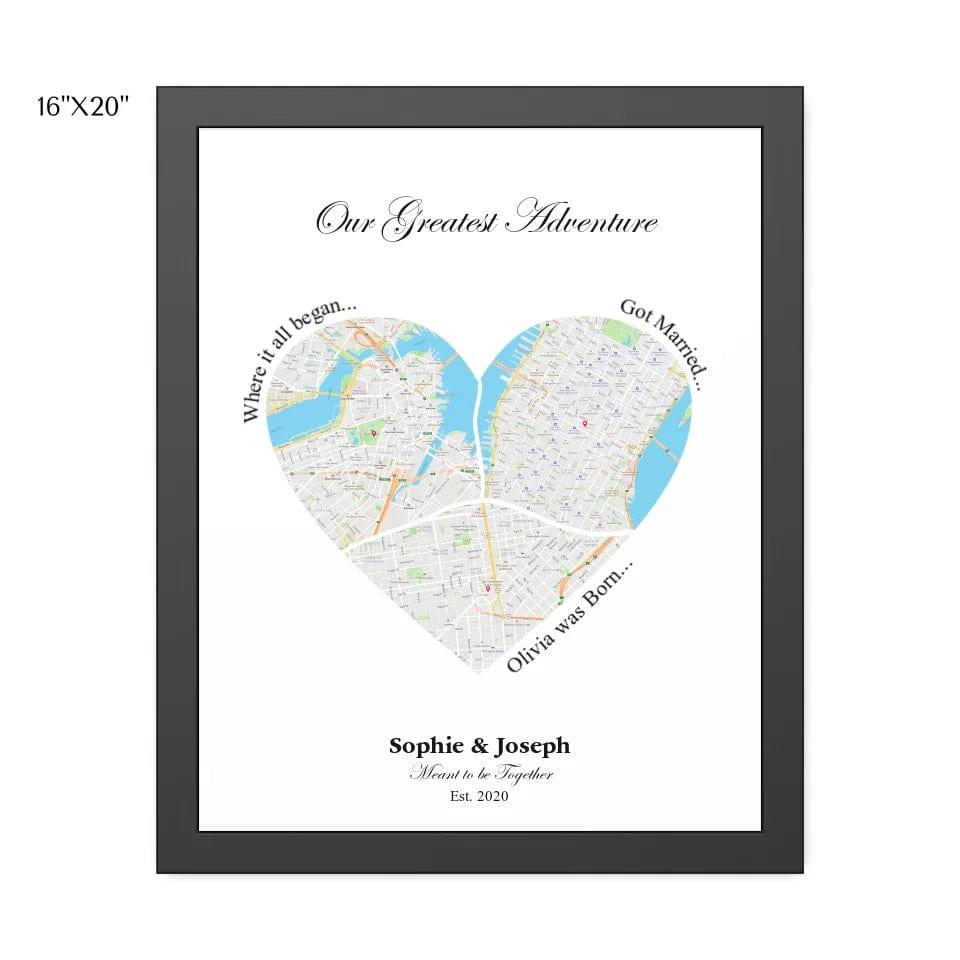 Custom Heart Shaped Triple Location Map - ARTFULANE