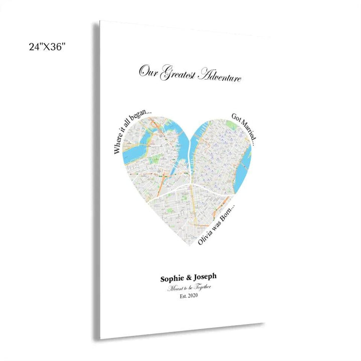 Custom Heart Shaped Triple Location Map - ARTFULANE