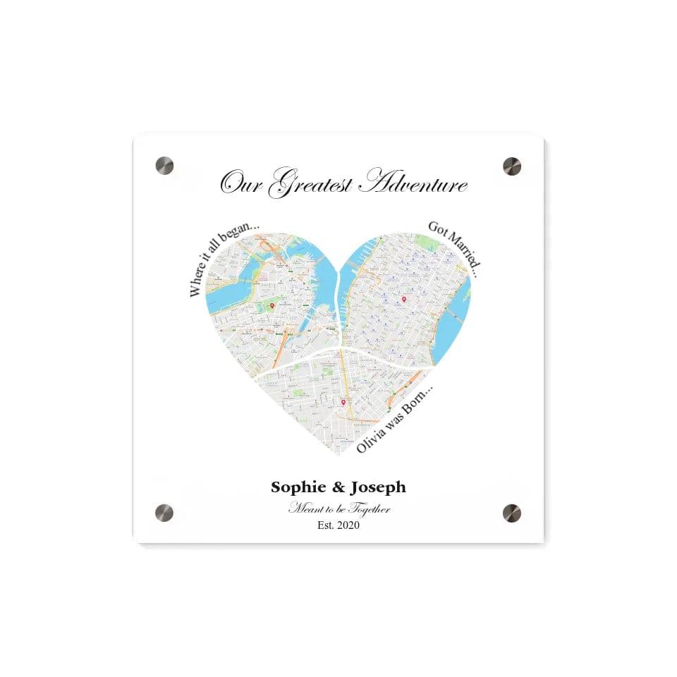 Custom Heart Shaped Triple Location Map - ARTFULANE