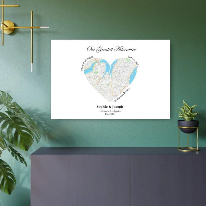 Custom Heart Shaped Triple Location Map - ARTFULANE