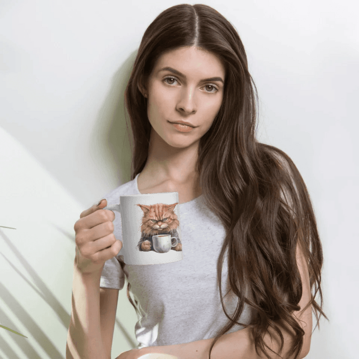 Custom Angry Cat Drinking Coffee Mug - ARTFULANE