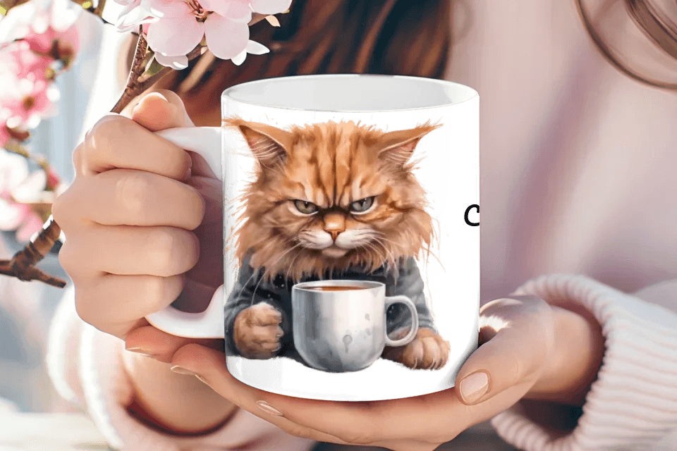 Custom Angry Cat Drinking Coffee Mug - ARTFULANE